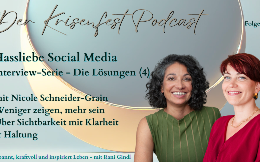 Podcast-Cover von „Krisenfest – Folge 106“ mit Nicole Schneider-Grain. Links der Text: „Weniger zeigen, mehr sein – über Sichtbarkeit mit Klarheit & Haltung“. Rechts ein Foto von Rani Gindl und Nicole Schneider-Grain lächelnd nebeneinander vor einem hellen Halbmond.