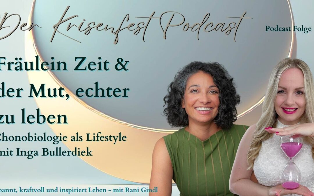 Porträt von Rani Gindl und Inga Bullerdiek; Titeltext: "Fräulein Zeit & der Mut, echter zu leben – Chronobiologie als Lifestyle – Podcast Folge 114 im Krisenfest Podcast"